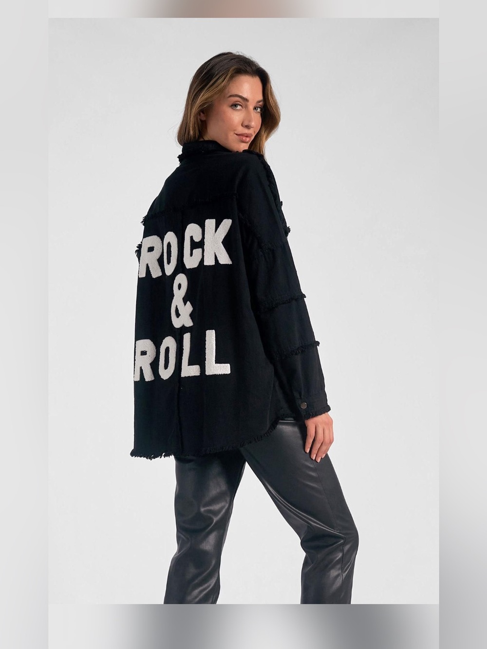 Elan Black Jacket with White "Rock & Roll" Back Graphic
